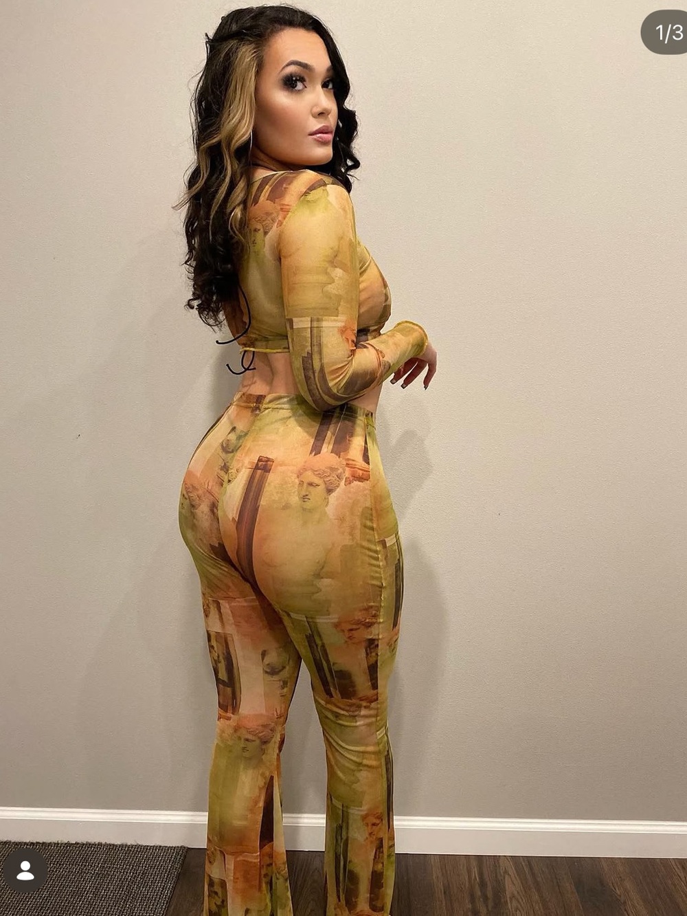 Fashion Nova Yellow Printed Boot Cut Flare & Long Sleeve Mesh Two piece Set